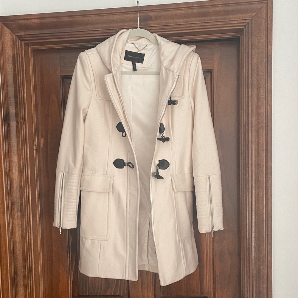 BCBGMaxAzria Cream Pea Coat with Black Toggles